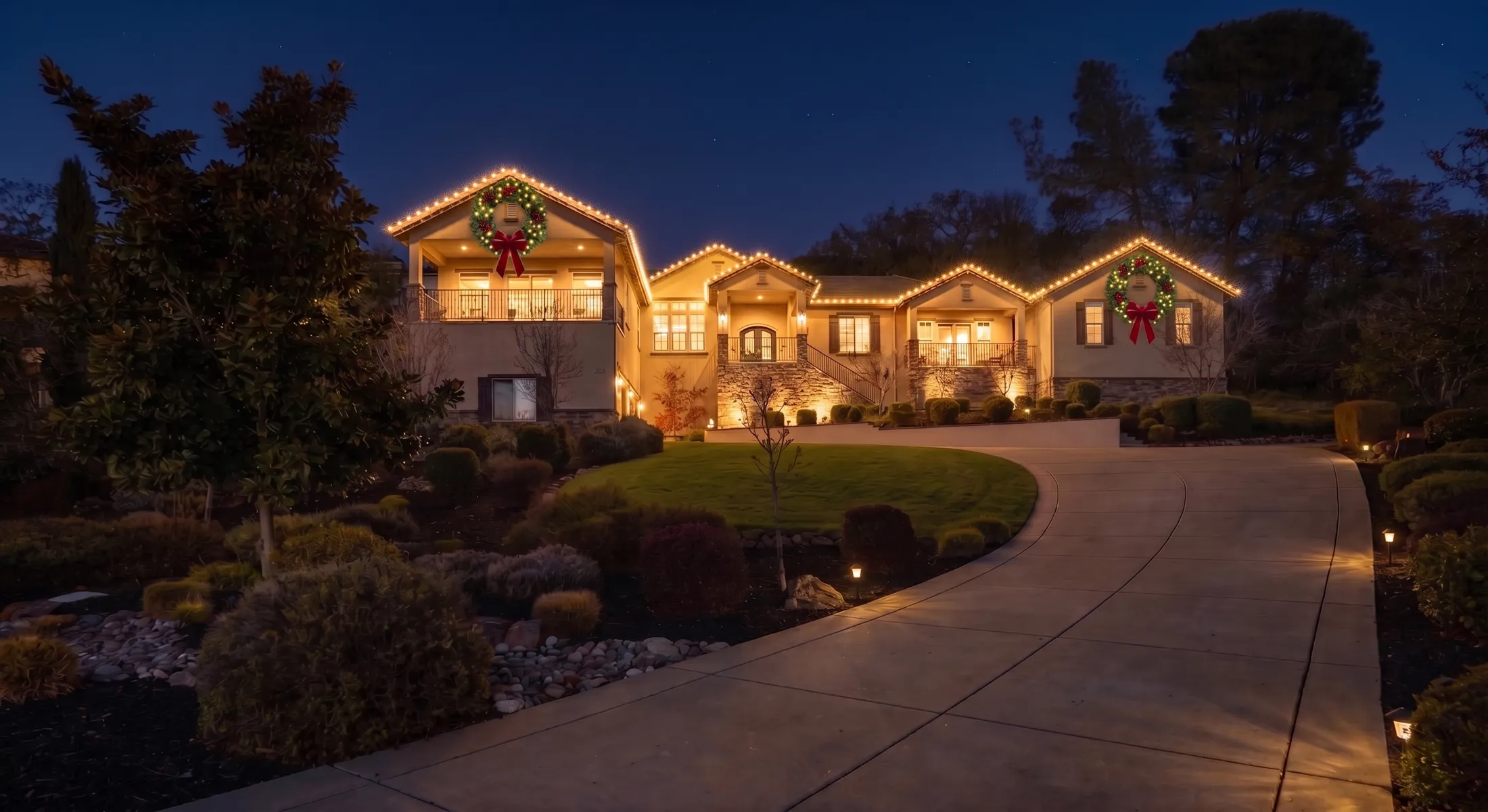 Home with warm white roofline lights and lit driveway at dusk