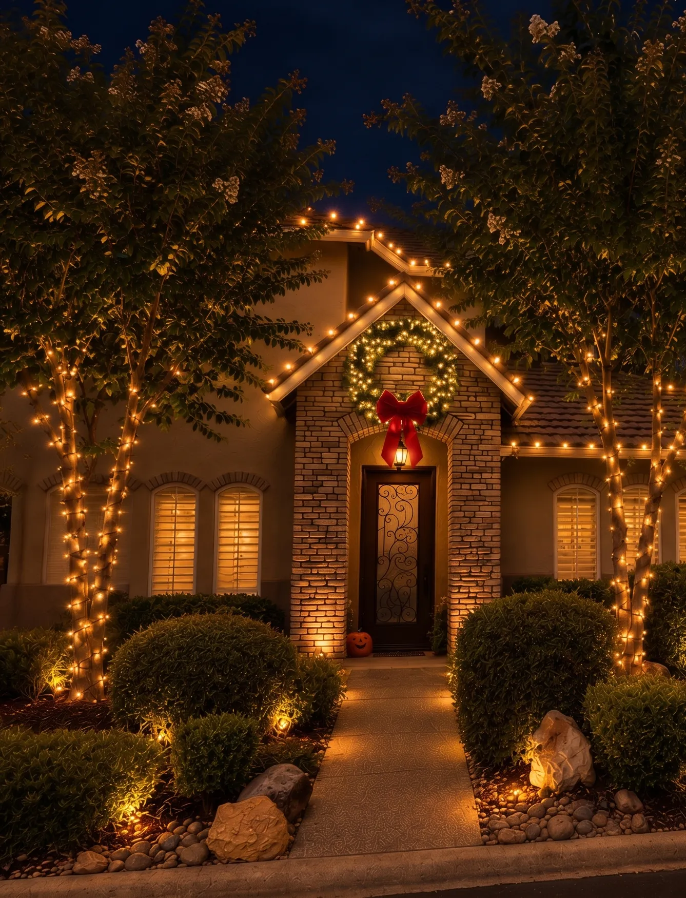 Warm white roofline, wrapped trees and wreath